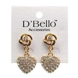 Gold Tone Dangle Earrings Rhinestone Heart Rose Design By DBello Accessories